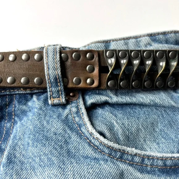 Vintage Brown Leather Heavy Metal Hardware Studded Grunge Biker Streetwear Belt - Picture 5 of 13